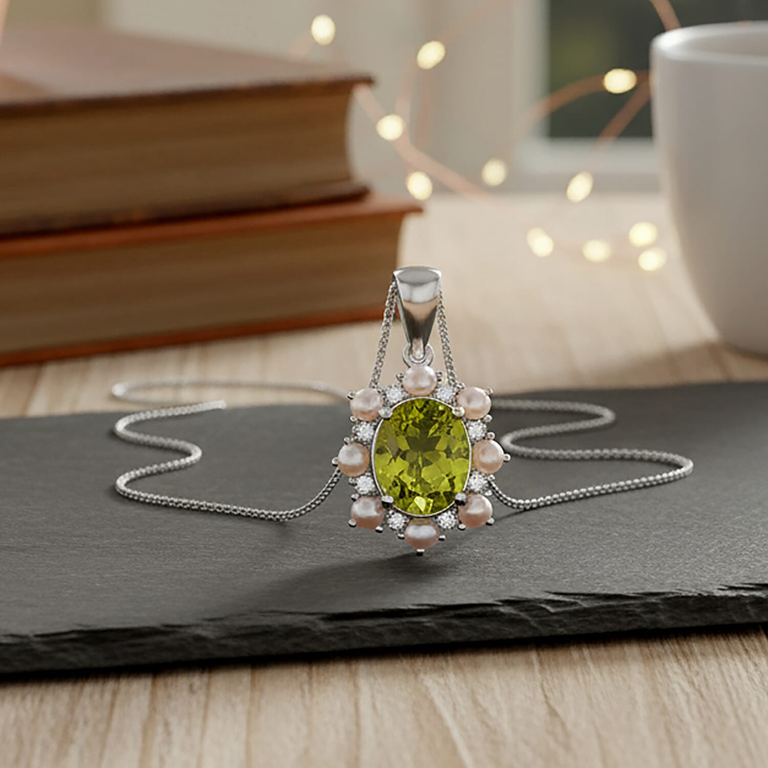 D'Joy Peridot, White Pearl & Moissanite Pendant with Chain (Size 18) in Rhodium Overlay Sterling Silver 3.90 Ct.